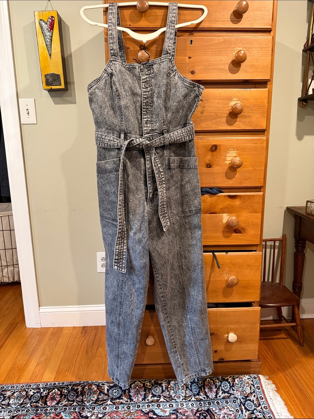 Universal Thread Washed Black Denim Overalls with Tie Belt